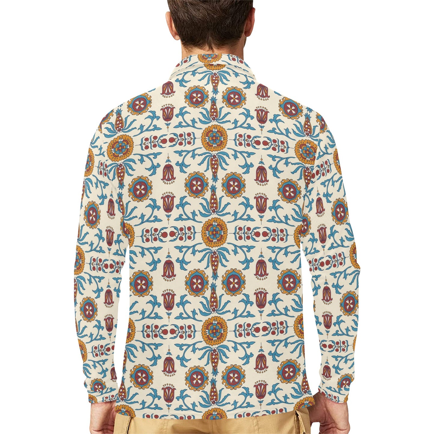 Suzani Print Design LKS301 Long Sleeve Polo Shirt For Men's