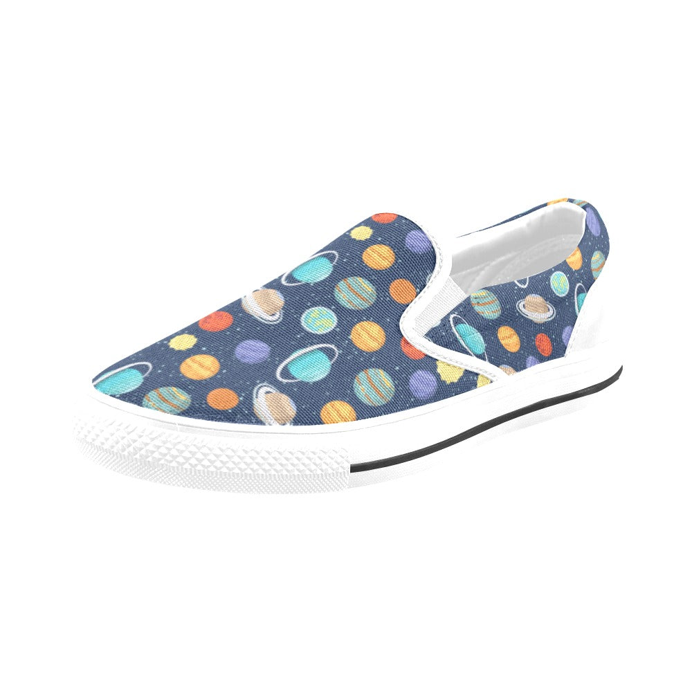 Planet With Star Print Design LKS303 White Slip Ons Canvas Women's Shoes