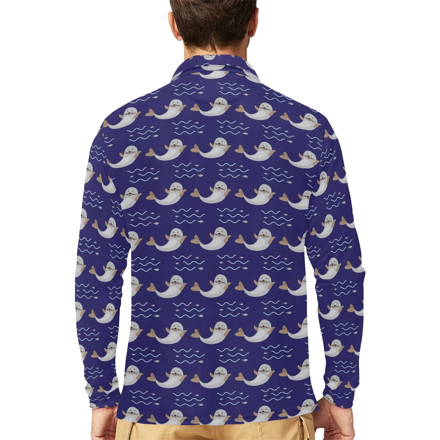 Sea Lion Print Design LKS404 Long Sleeve Polo Shirt For Men's