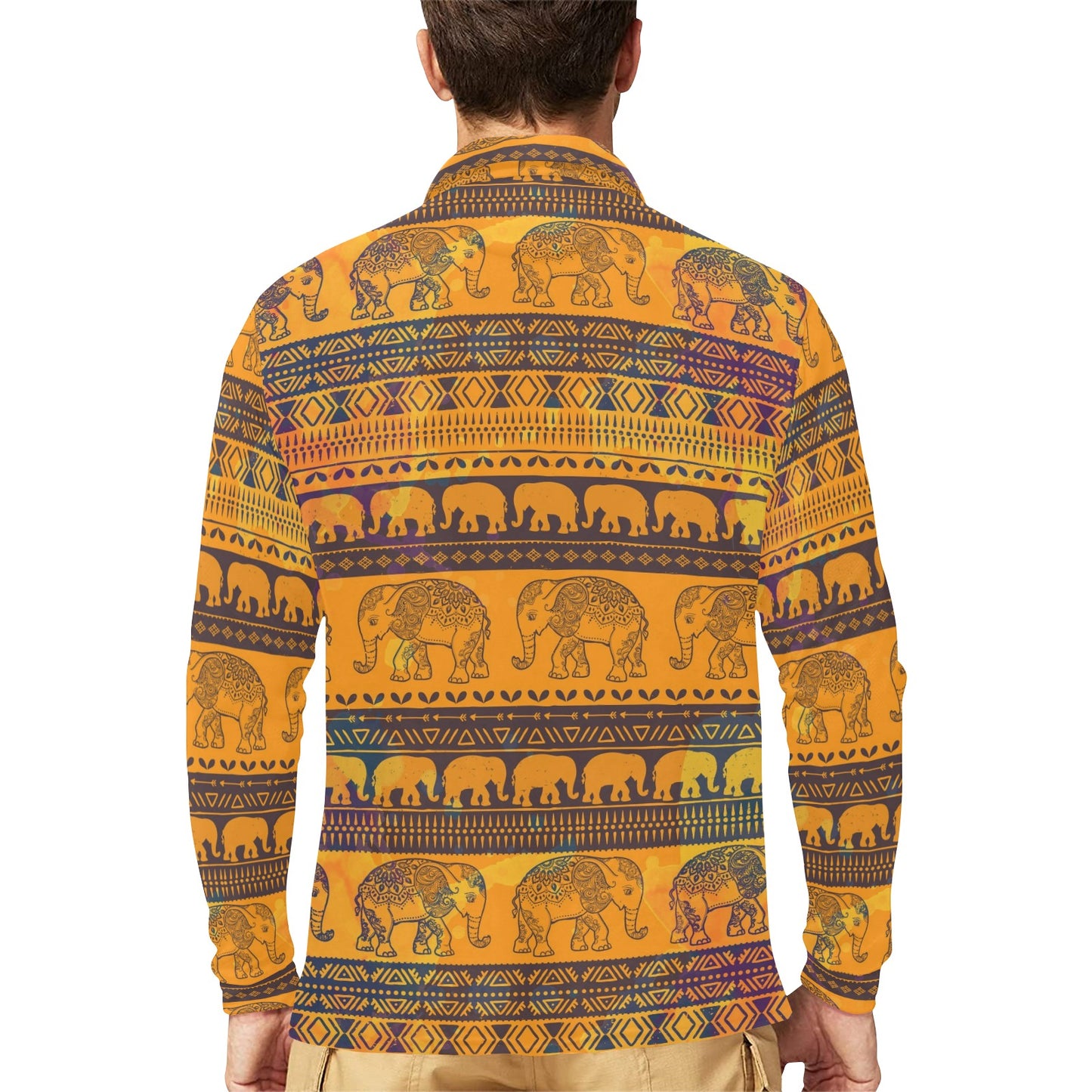 Elephant Aztec Long Sleeve Polo Shirt For Men's