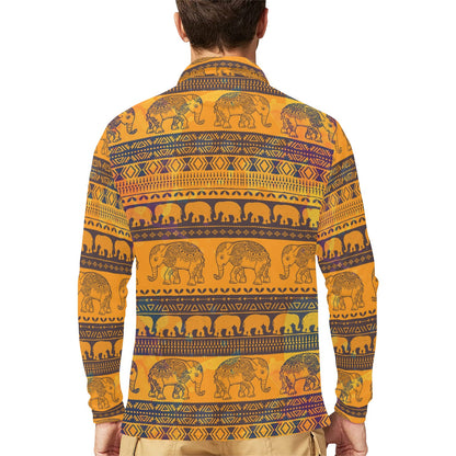 Elephant Aztec Long Sleeve Polo Shirt For Men's
