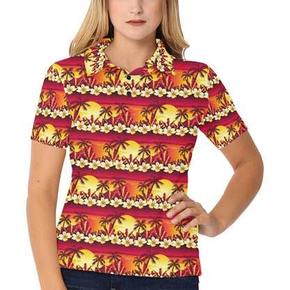 Hawaiian Tropical Sunset Hibiscus Print Women's Polo Shirt