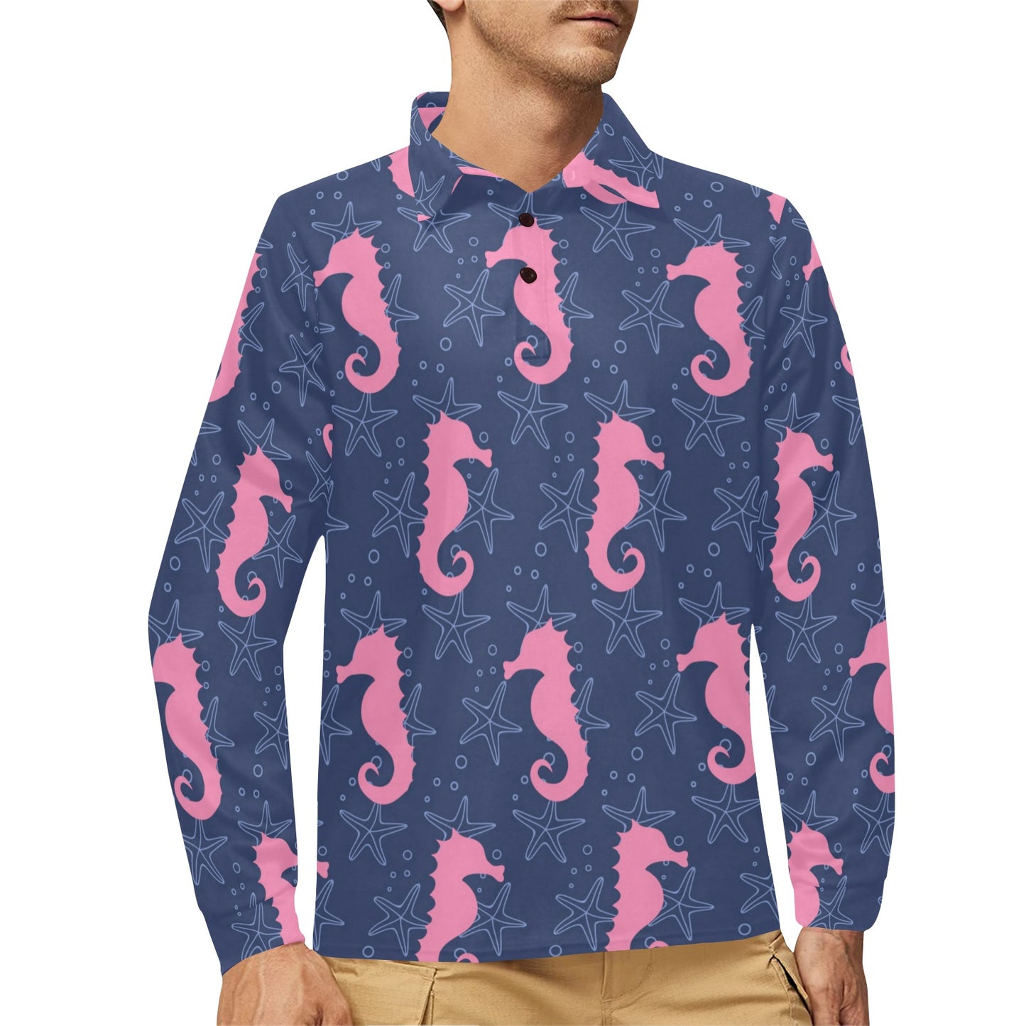 SeaHorse Pink Pattern Print Design 02 Long Sleeve Polo Shirt For Men's