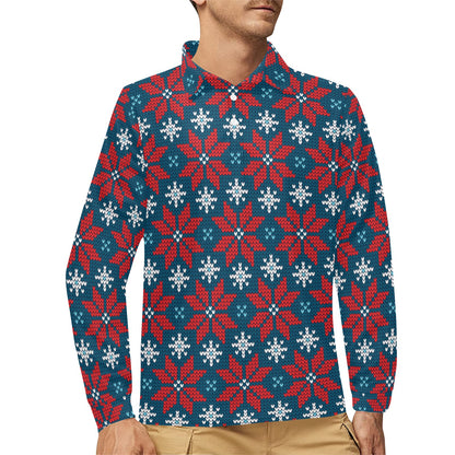 Poinsettia Pattern Print Design A02 Long Sleeve Polo Shirt For Men's
