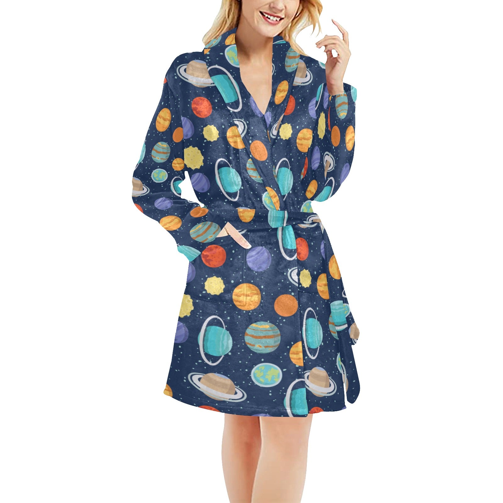 Planet With Star Print Design LKS303 Women's Fleece Robe