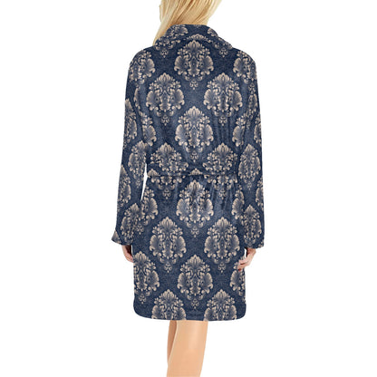Damask Blue Luxury Print Pattern Women's Fleece Robe