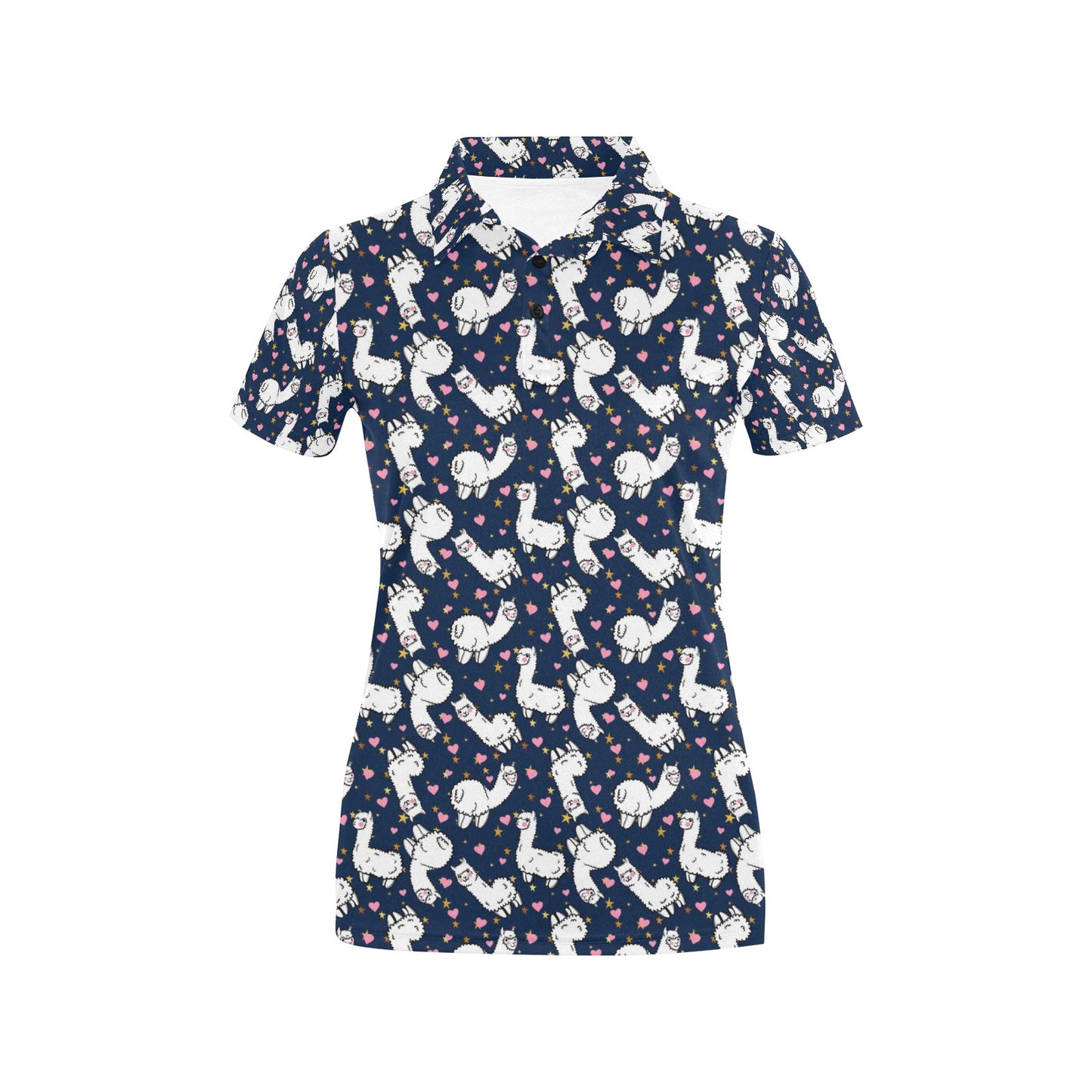 Alpaca Heart Star Design Themed Print Women's Polo Shirt
