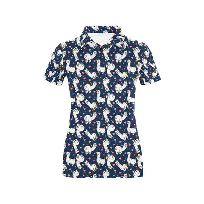 Alpaca Heart Star Design Themed Print Women's Polo Shirt