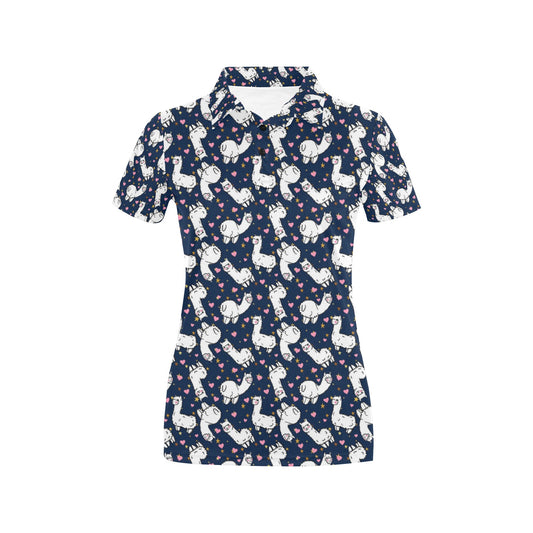 Alpaca Heart Star Design Themed Print Women's Polo Shirt