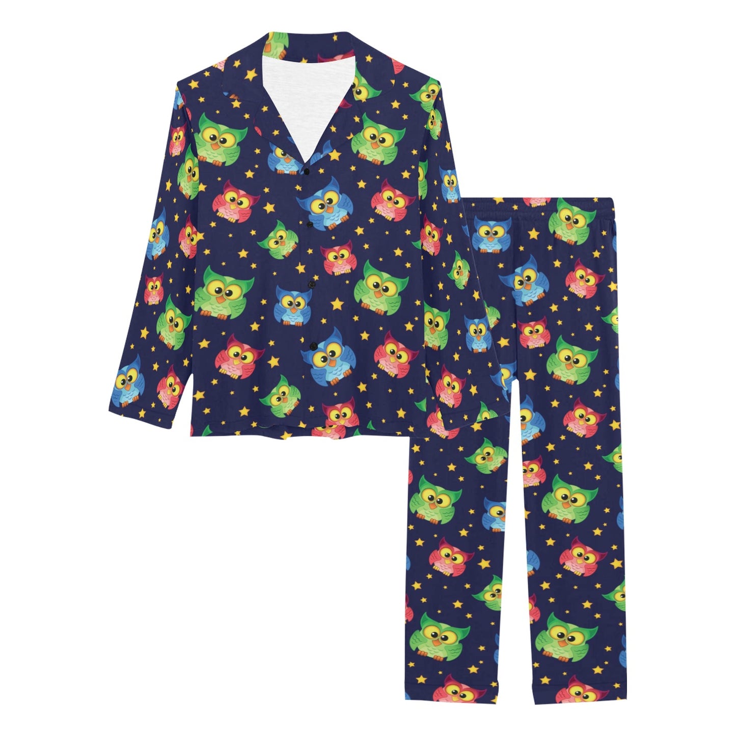 Owl with Star Themed Design Print Women's Long Pajama Set