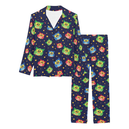 Owl with Star Themed Design Print Women's Long Pajama Set