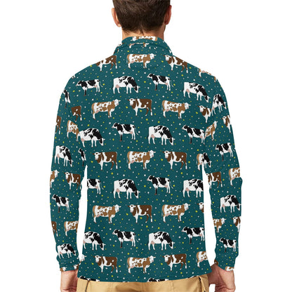 Cattle Print Design LKS404 Long Sleeve Polo Shirt For Men's