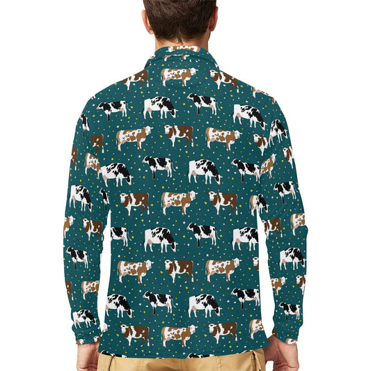 Cattle Print Design LKS404 Long Sleeve Polo Shirt For Men's