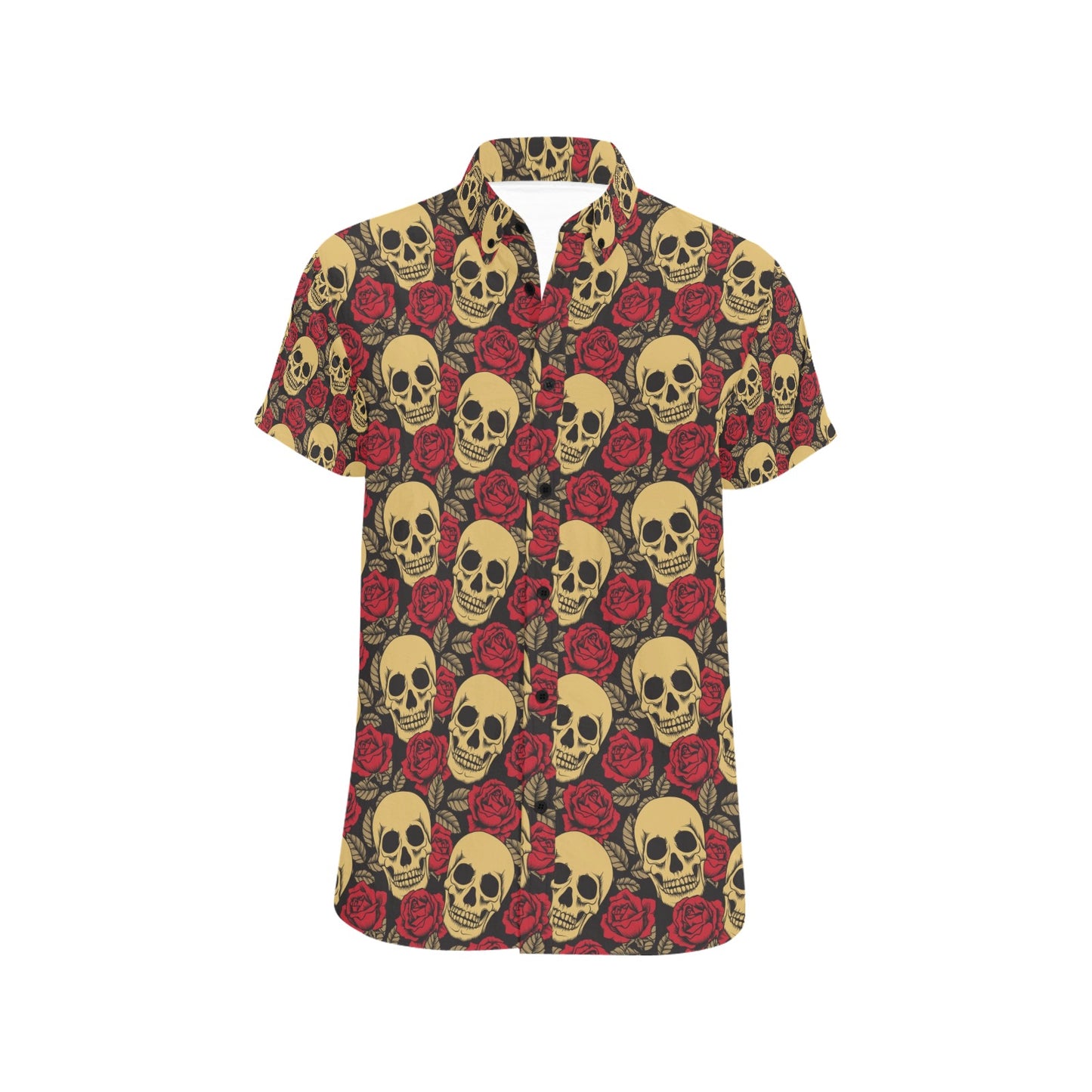 Skull And Roses Print Design LKS302 Men Short Sleeve Button Up Shirt
