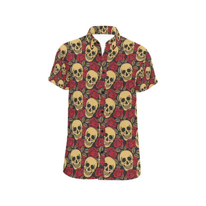 Skull And Roses Print Design LKS302 Men Short Sleeve Button Up Shirt