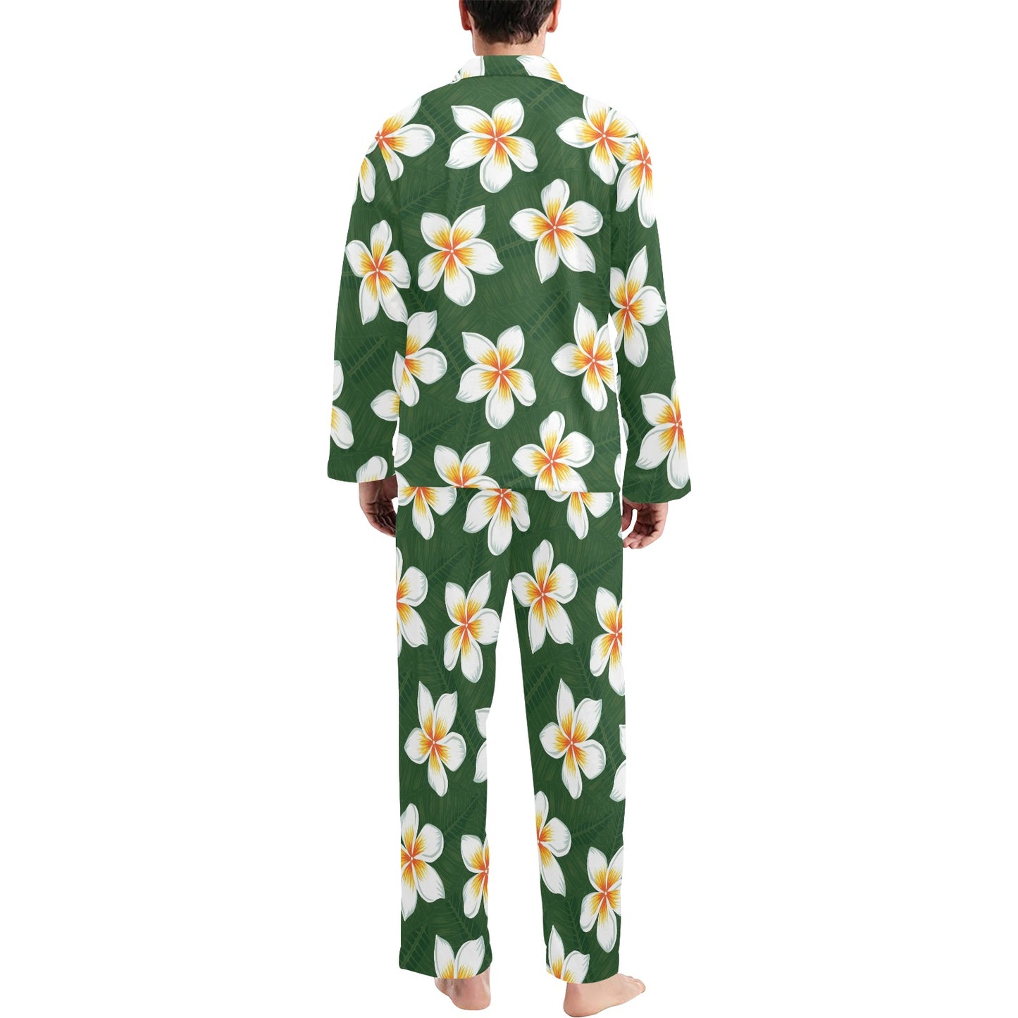 White Plumeria Pattern Print Design PM020 Men's Long Pajama Set