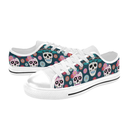Sugar Skull Print Design LKS308 Women's White Low Top Shoes