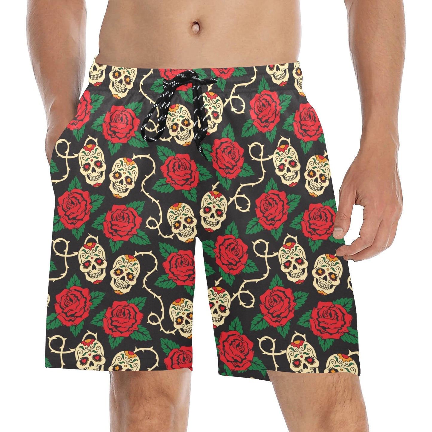 Sugar Skull Red Rose Print Design LKS301 Men's Swim Trunks Beach Shorts
