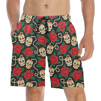 Sugar Skull Red Rose Print Design LKS301 Men's Swim Trunks Beach Shorts