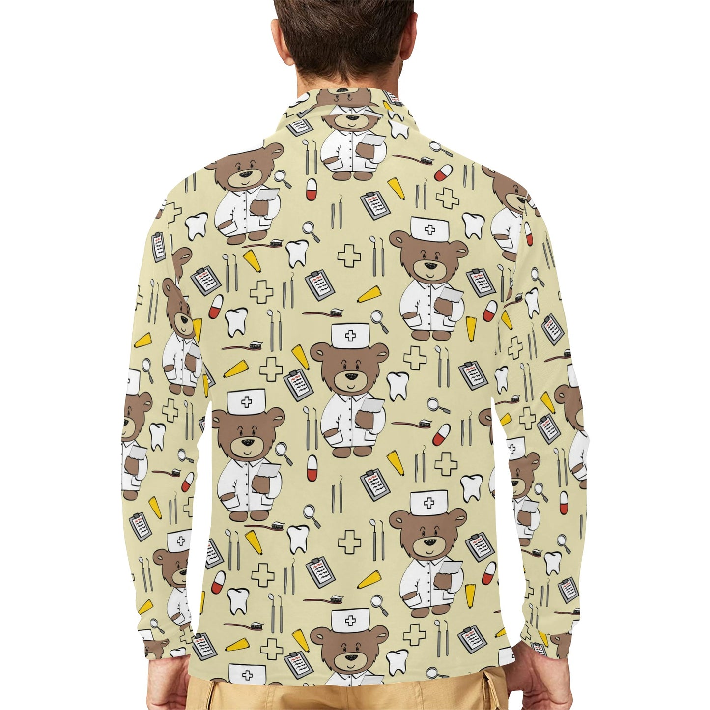 Nurse Bear Pattern Print Design A02 Long Sleeve Polo Shirt For Men's