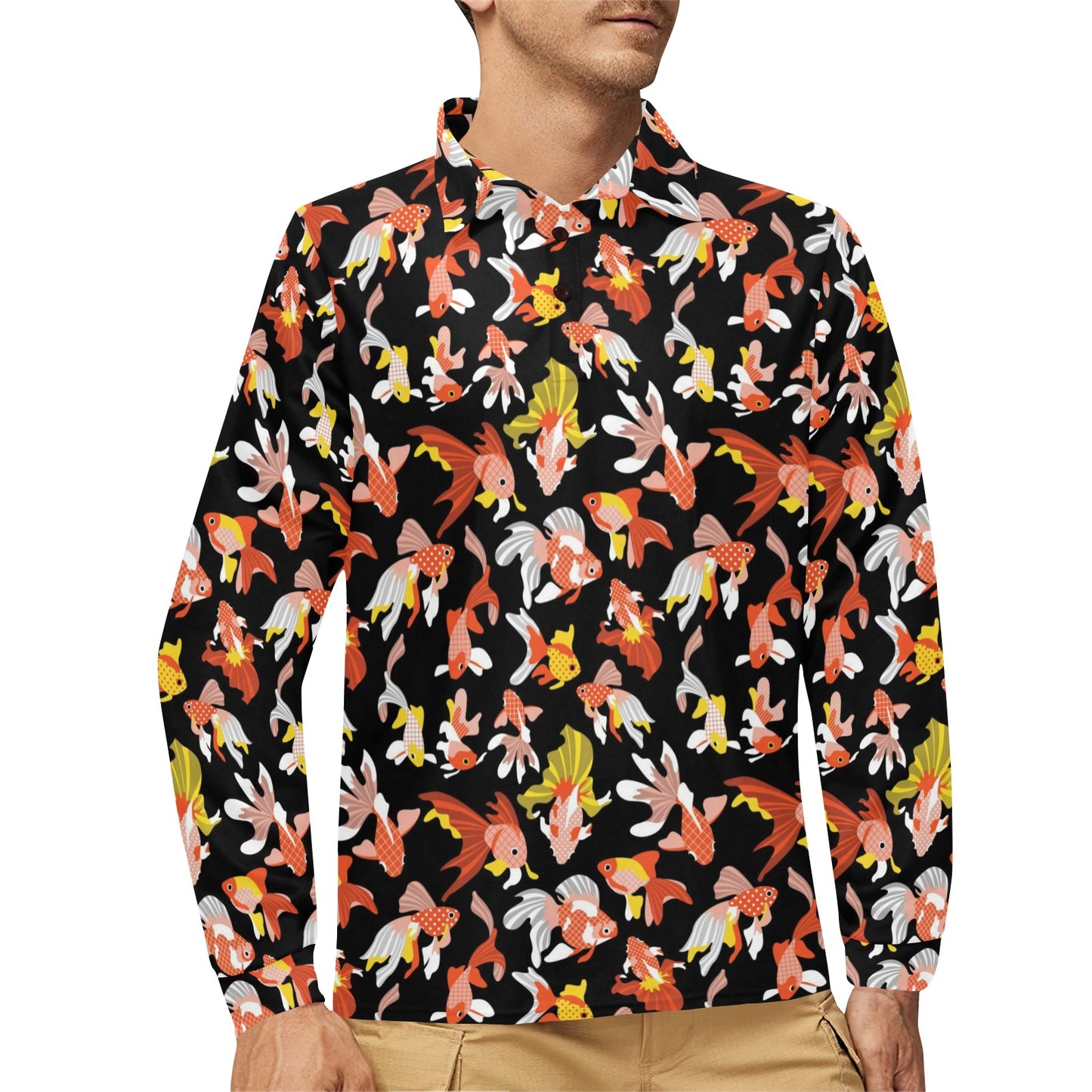 Goldfish Print Design LKS401 Long Sleeve Polo Shirt For Men's