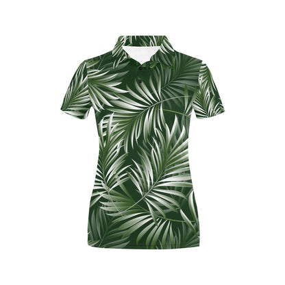 White Green Tropical Palm Leaves Women's Polo Shirt