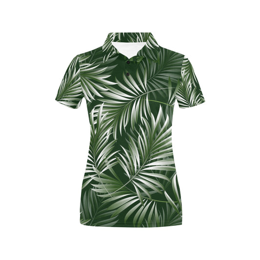 White Green Tropical Palm Leaves Women's Polo Shirt