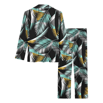 Gold Glitter Cyan Tropical Palm Leaves Women's Long Pajama Set