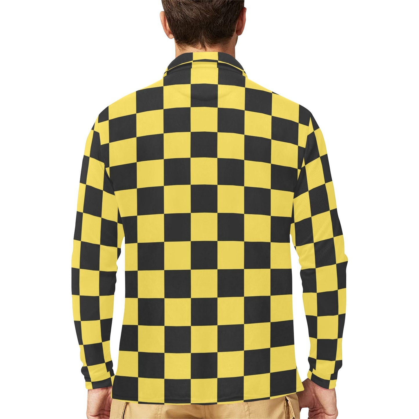 Checkered Yellow Pattern Print Design 03 Long Sleeve Polo Shirt For Men's