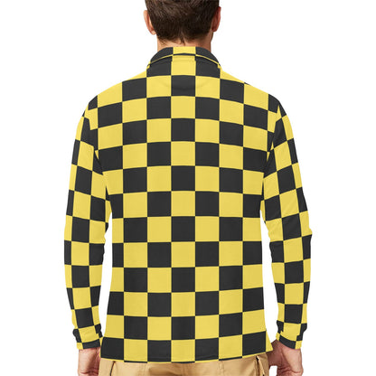 Checkered Yellow Pattern Print Design 03 Long Sleeve Polo Shirt For Men's