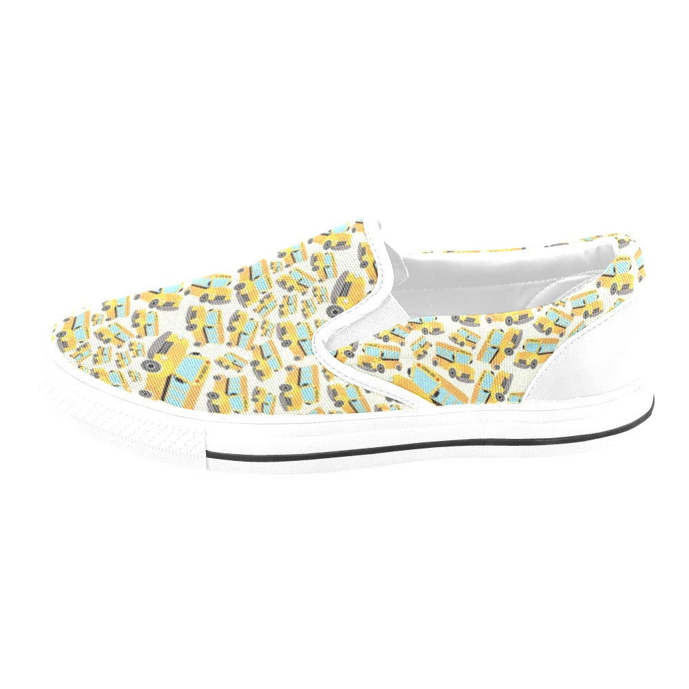School Bus Print Design LKS301 White Slip Ons Canvas Women's Shoes