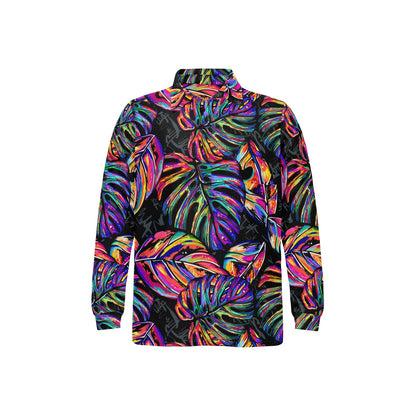 Neon Color Tropical Palm Leaves Long Sleeve Polo Shirt For Men's