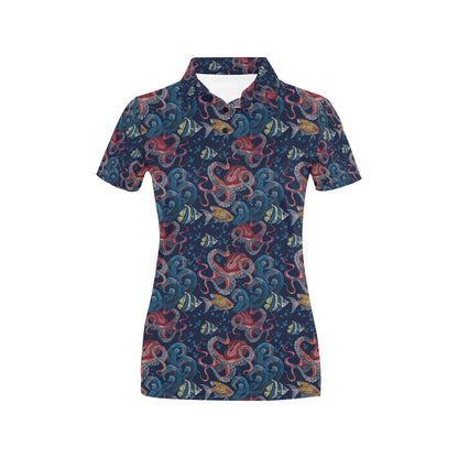 Octopus Deep Sea Print Themed Women's Polo Shirt