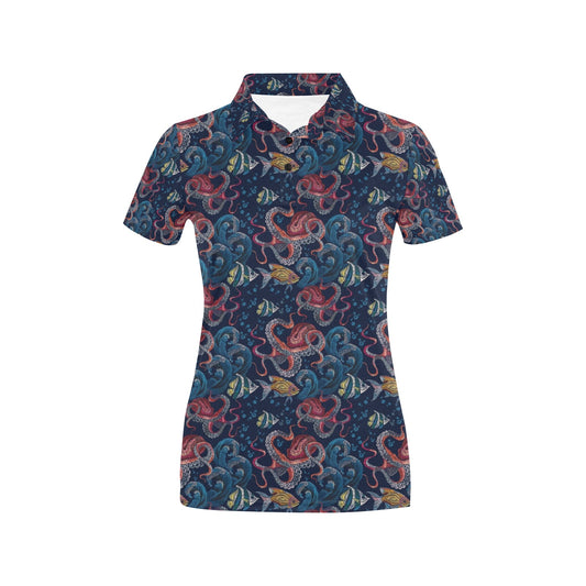 Octopus Deep Sea Print Themed Women's Polo Shirt