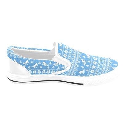 Ski Knit Pattern Print Design LKS302 White Slip Ons Canvas Women's Shoes