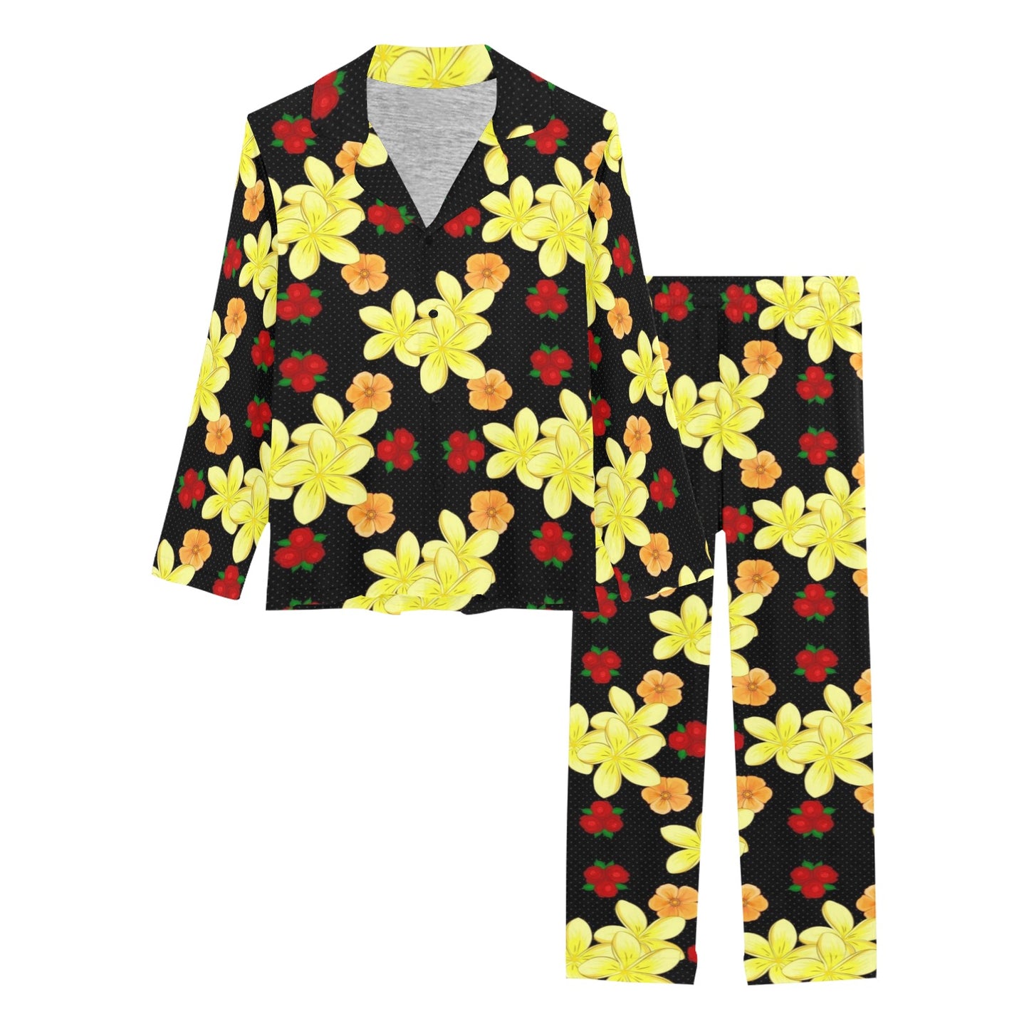 Yellow Plumeria Pattern Print Design PM04 Women's Long Pajama Set