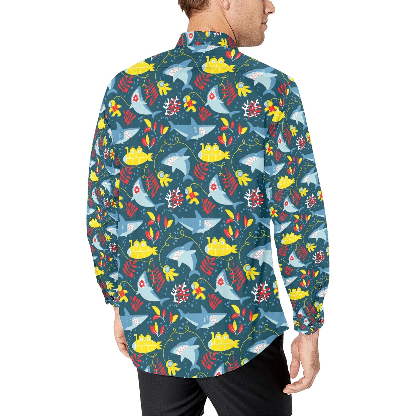 Scuba With Sharks Print Design LKS303 Men's Long Sleeve Dress Shirt