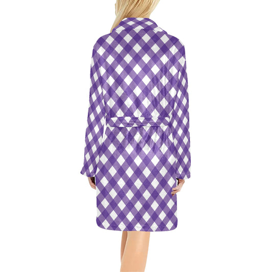 Gingham Purple Pattern Print Design 03 Women's Fleece Robe