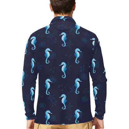 SeaHorse Blue neon Pattern Print Design 03 Long Sleeve Polo Shirt For Men's