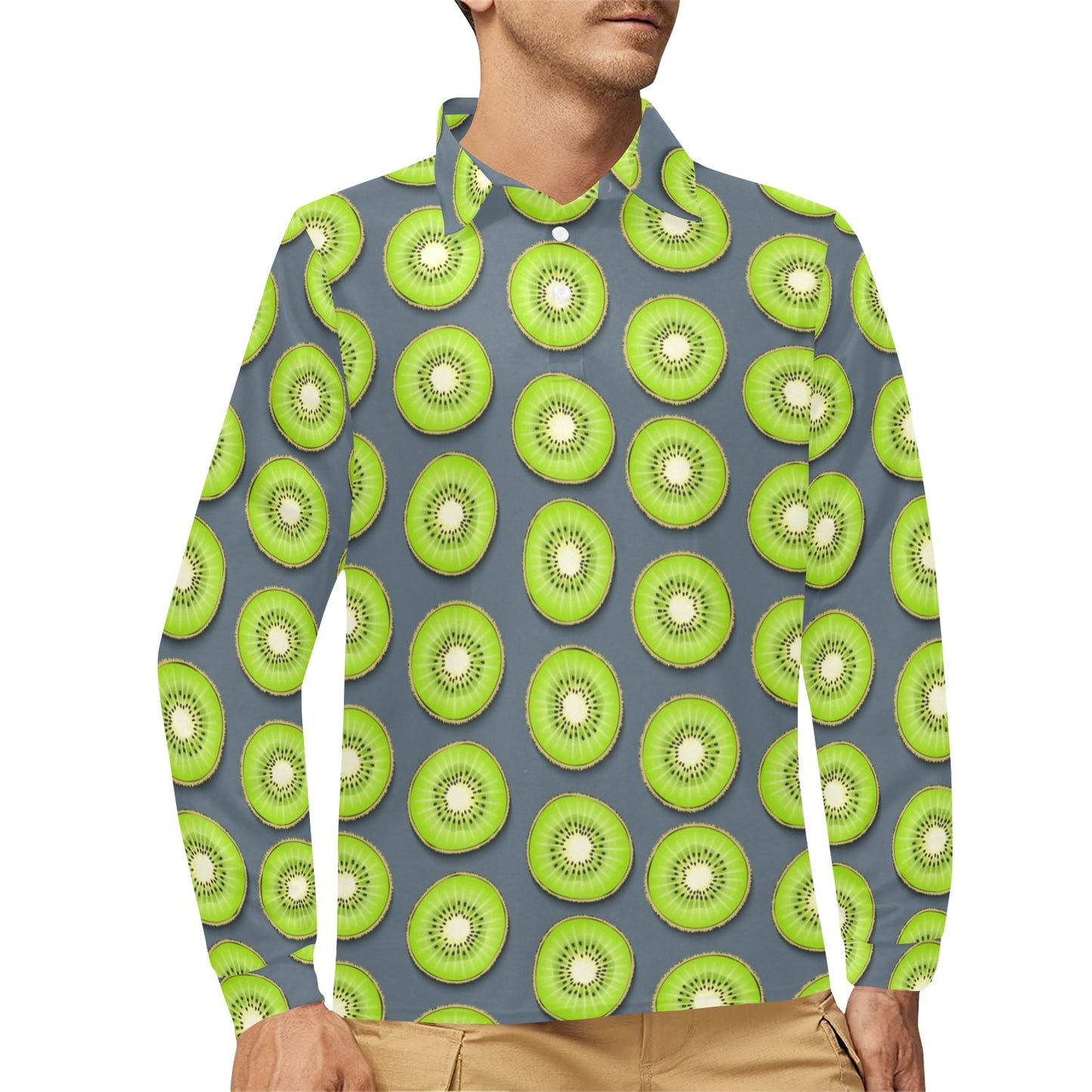 Kiwi Pattern Print Design KW06 Long Sleeve Polo Shirt For Men's