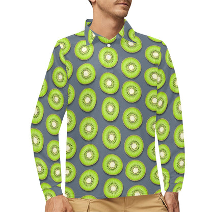 Kiwi Pattern Print Design KW06 Long Sleeve Polo Shirt For Men's