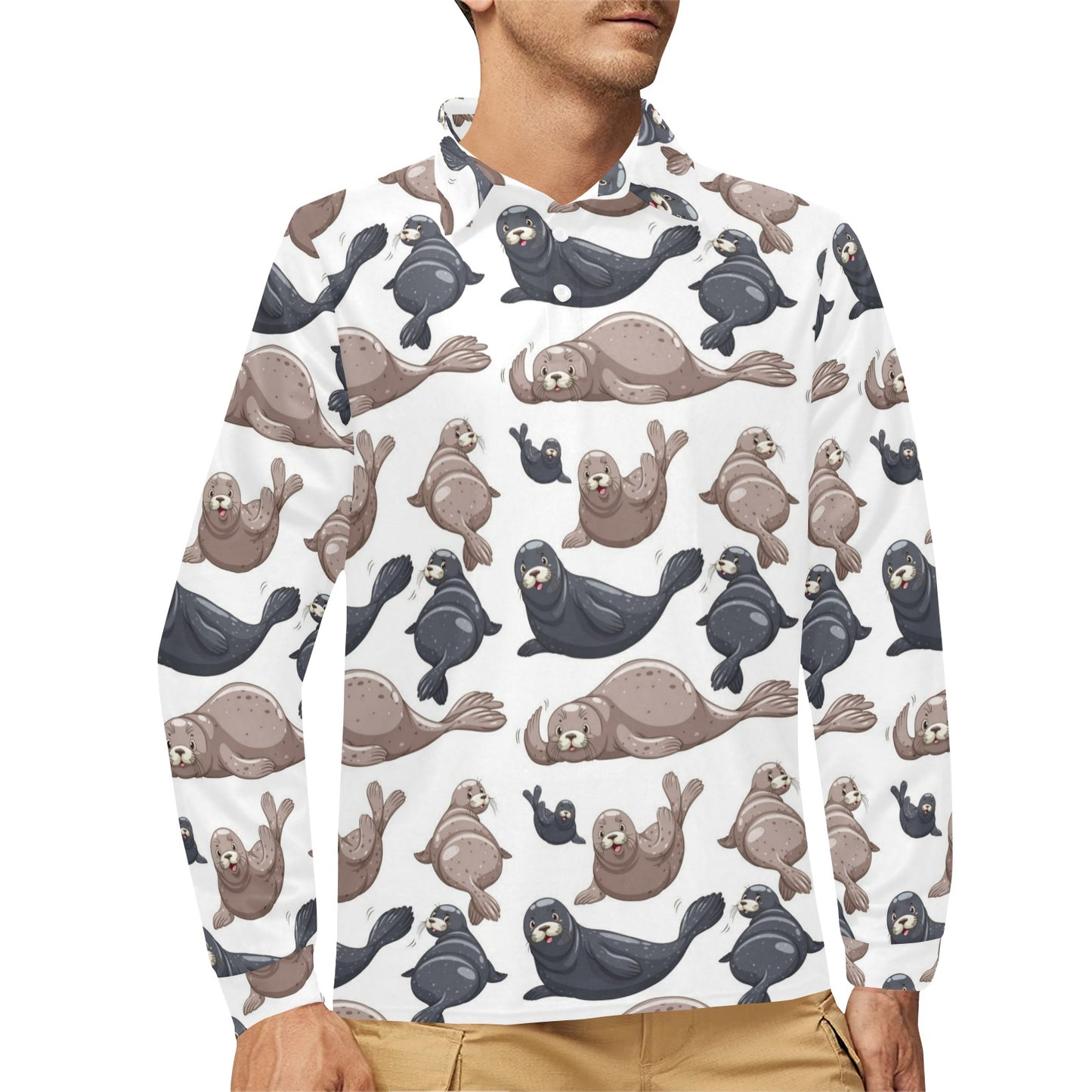 Sea Lion Pattern Print Design 02 Long Sleeve Polo Shirt For Men's