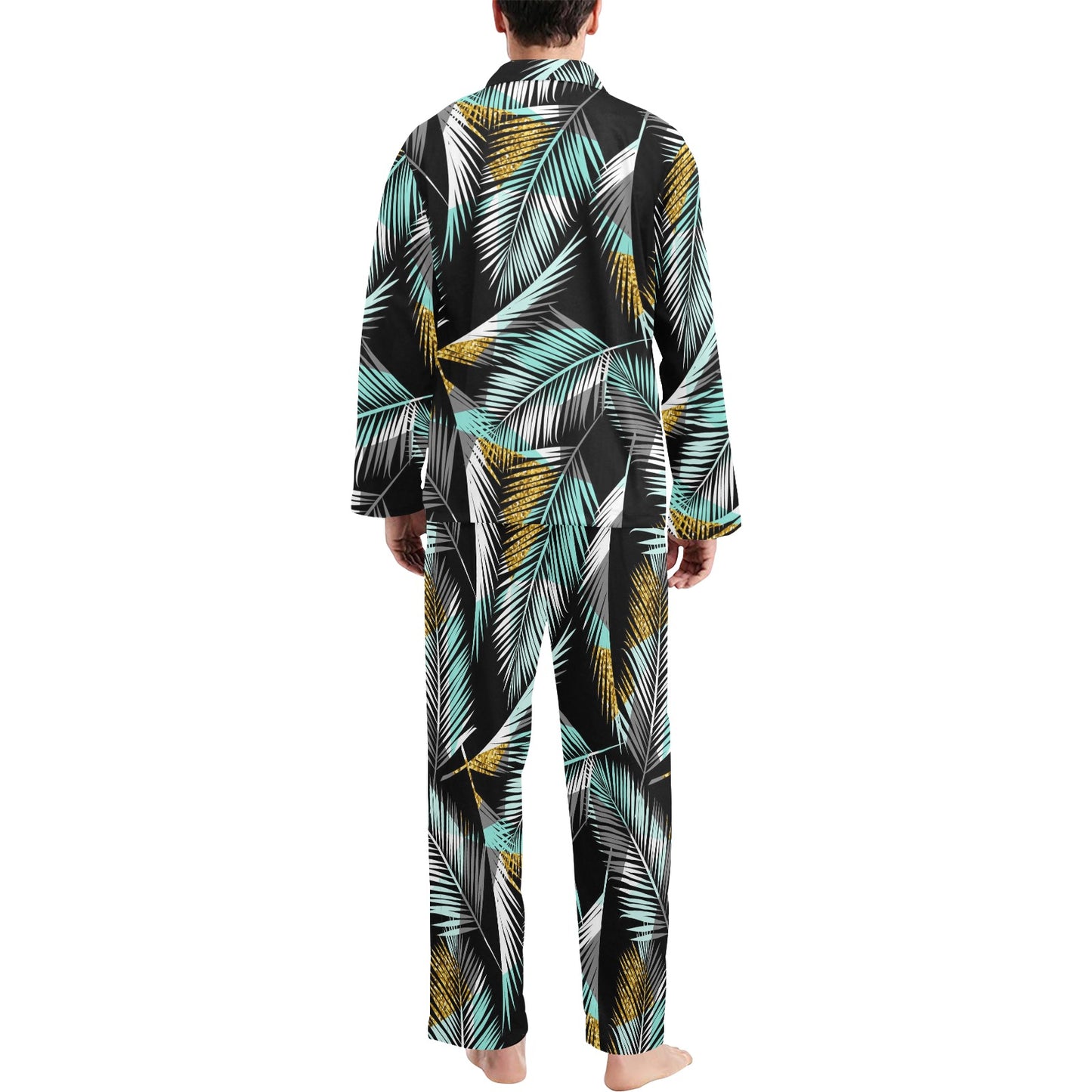Gold Glitter Cyan Tropical Palm Leaves Men's Long Pajama Set