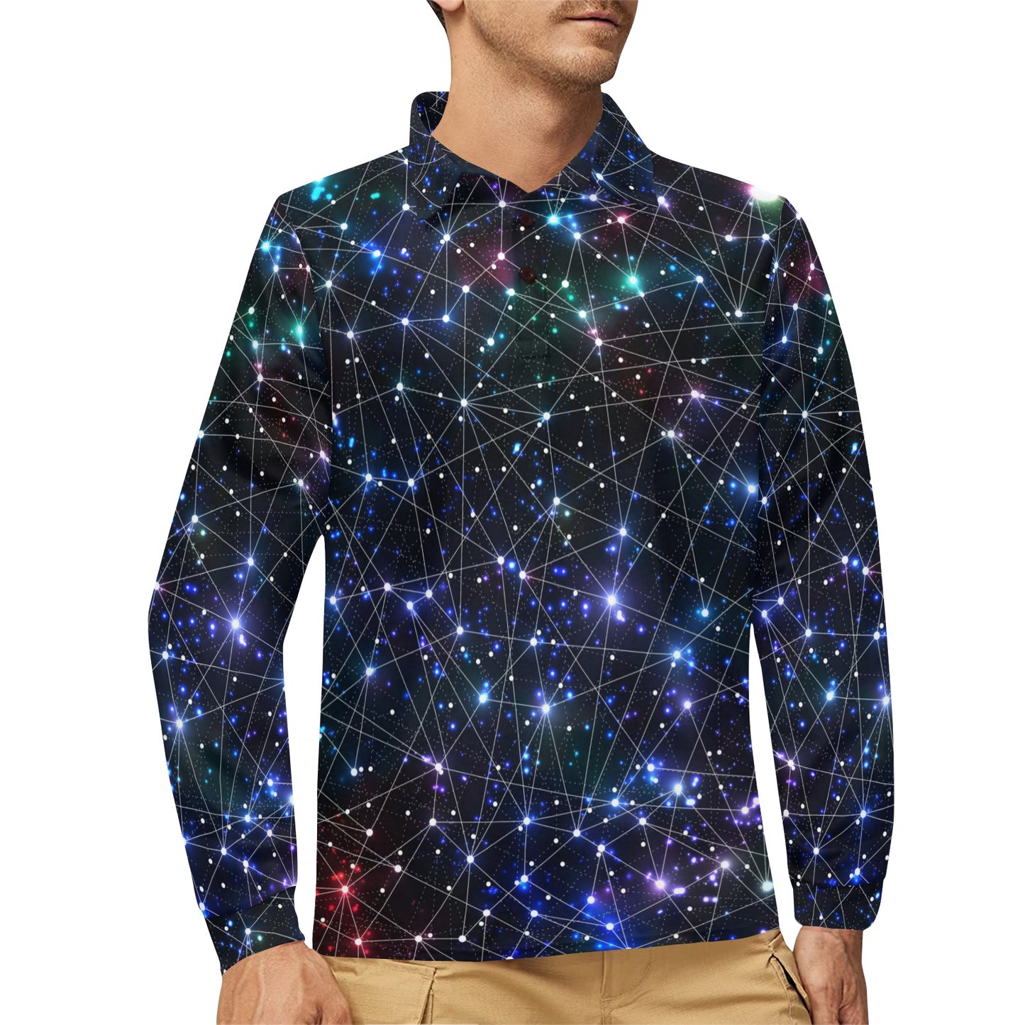 Cosmic Pattern Print Design 01 Long Sleeve Polo Shirt For Men's