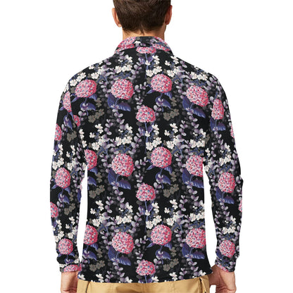 Hydrangea Pattern Print Design HD04 Long Sleeve Polo Shirt For Men's