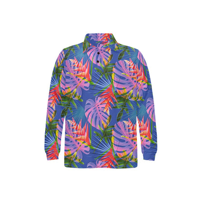 Tropical Flower Pattern Print Design TF025 Long Sleeve Polo Shirt For Men's
