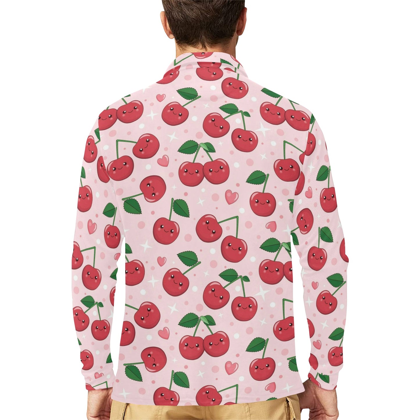 Cherry Pattern Print Design CH02 Long Sleeve Polo Shirt For Men's