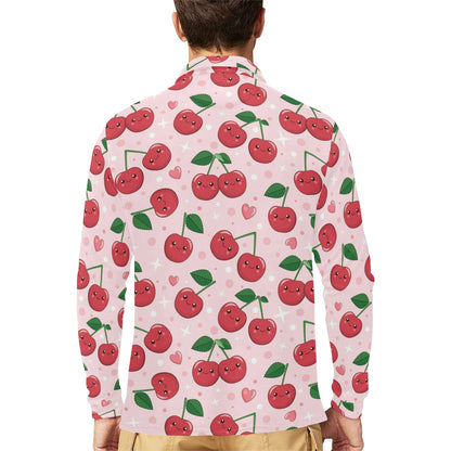 Cherry Pattern Print Design CH02 Long Sleeve Polo Shirt For Men's