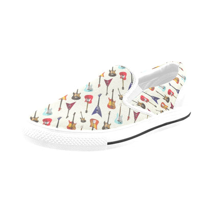 Electric Guitar Print Design LKS404 White Slip Ons Canvas Women's Shoes