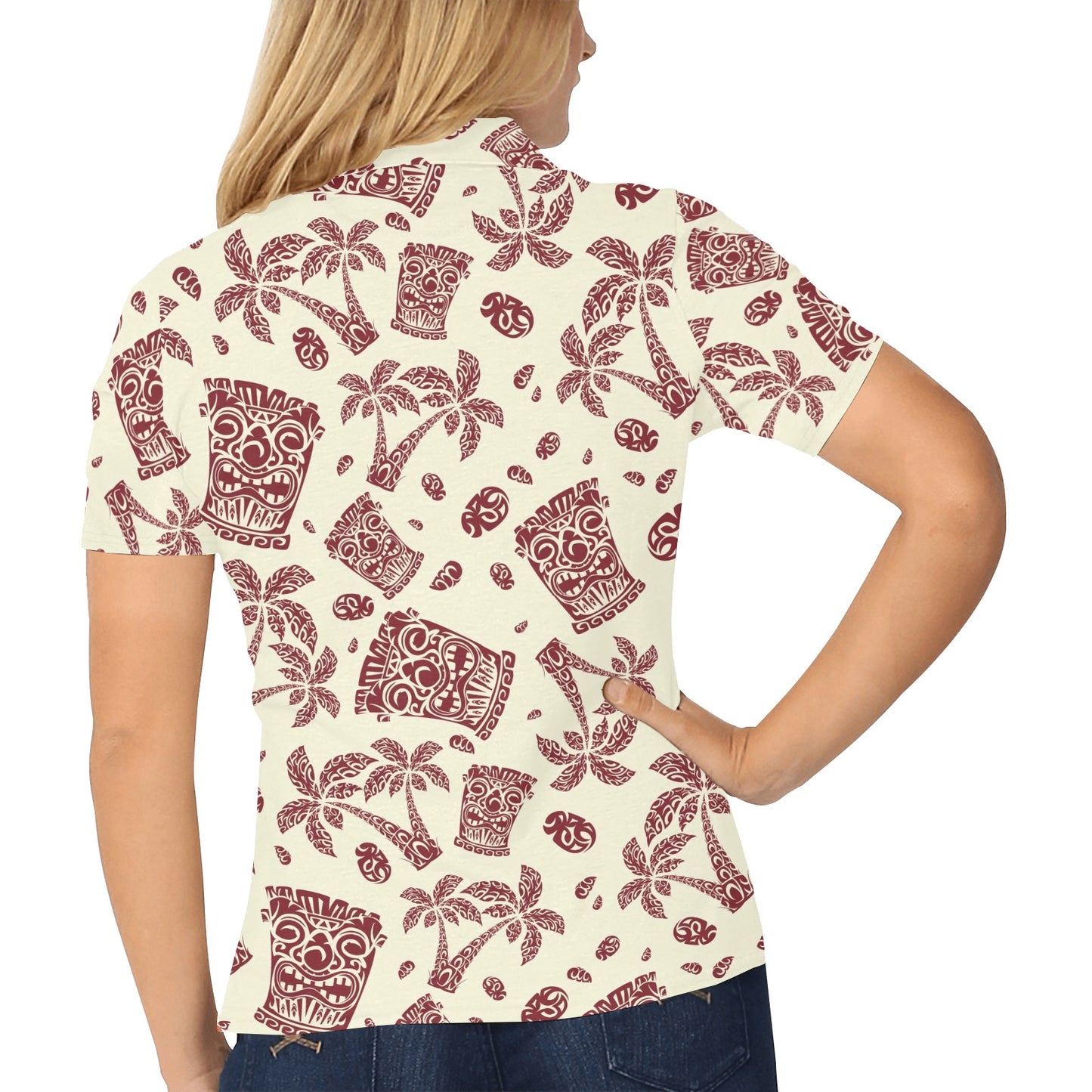 Tiki Tribal Mask Palm Tree Women's Polo Shirt